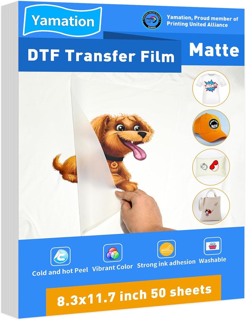 Yamation DTF Transfer Film: A4 (8.3" x 11.7") 50 Sheets Premium Double-Sided Matte Finish PET Transfer Paper Direct to T Shirts - Image 1